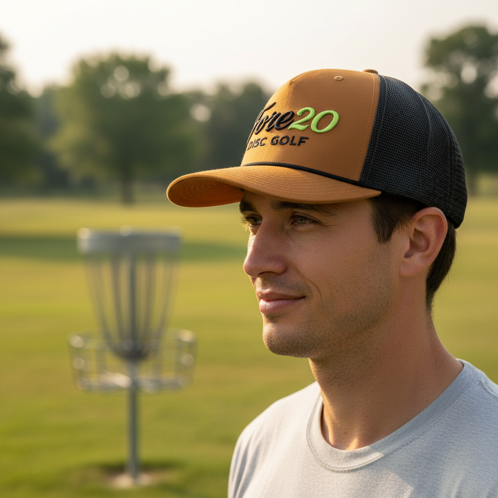 Relaxed person wearing FORE20 trucker hat